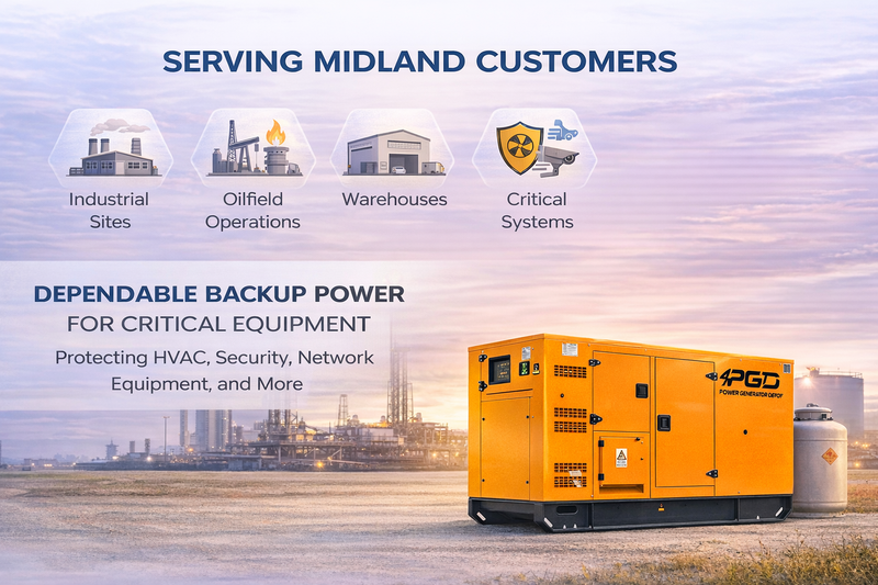 Generator set with text about serving Midland customers and dependable backup power.