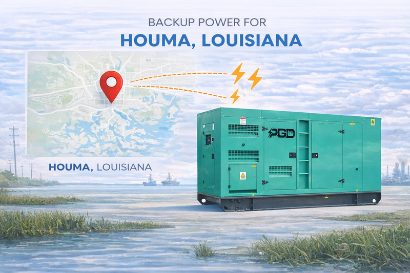 Backup power generator for Houma, Louisiana with a map and lightning bolt graphic.