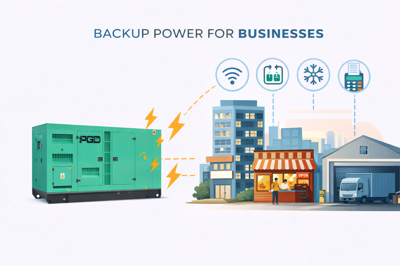 Illustration of a generator with buildings and icons indicating power supply to businesses.