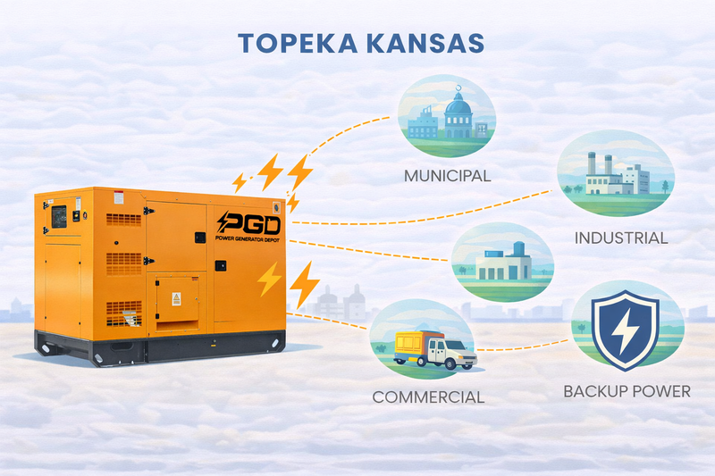 Orange generator with PGD logo in Topeka, Kansas, connecting to municipal, industrial, commercial, and backup power icons.