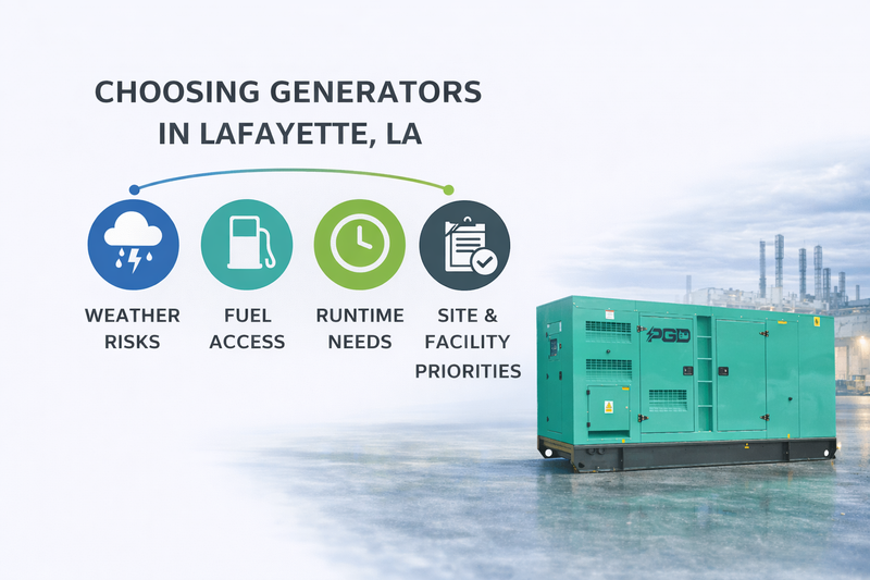 Generator with text on choosing generators in Lafayette, LA, including weather risks, fuel access, runtime needs, and site facility priorities.