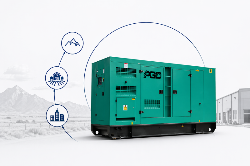 Green generator with 'PGD' branding on a snowy landscape