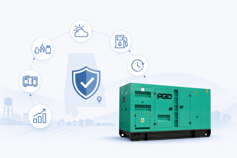 Green generator with icons and symbols on a light blue background