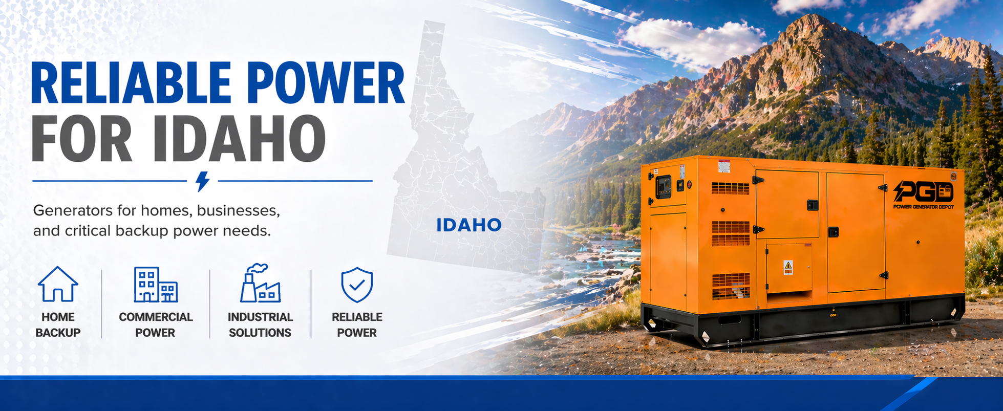 Orange generator with scenic mountain backdrop and promotional text for Idaho power solutions.