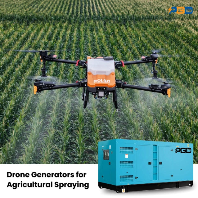 Drone for agricultural spraying over a field with a PGO drone generator in the foreground.
