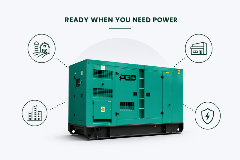 Green generator with PGD branding on a white background, surrounded by icons and text about power availability.