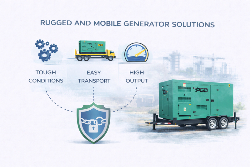 Rugged and mobile generator solutions with features highlighted on a cityscape background.