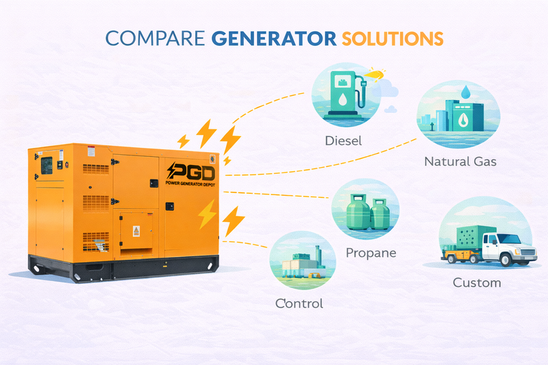 Orange generator with PGD logo and icons for diesel, natural gas, propane, and custom solutions on a white background.