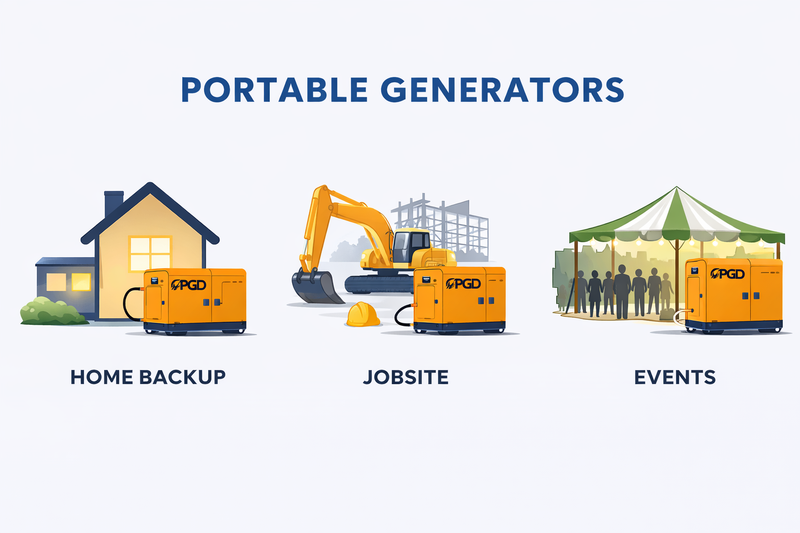 Illustrations of portable generators used for home backup, jobsite, and events on a white background.