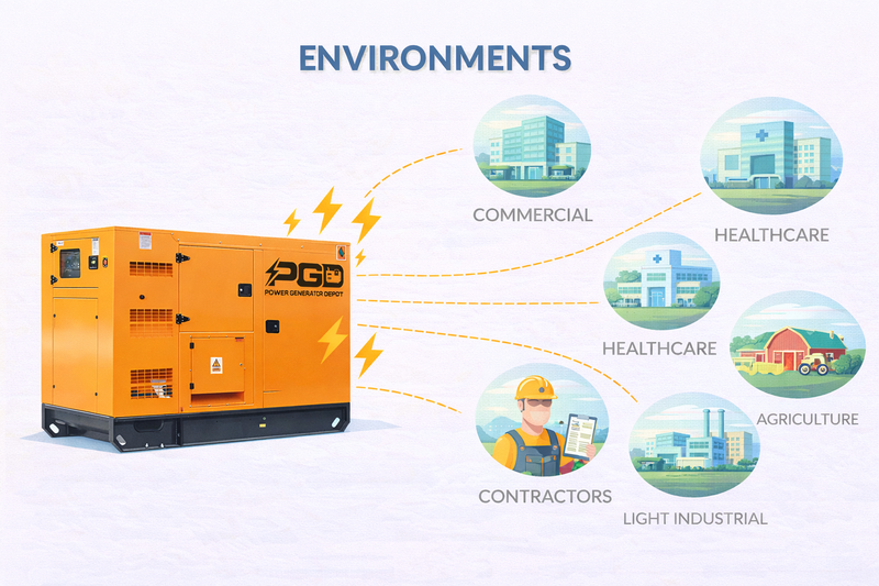 Orange generator with icons and text indicating its use in various environments.