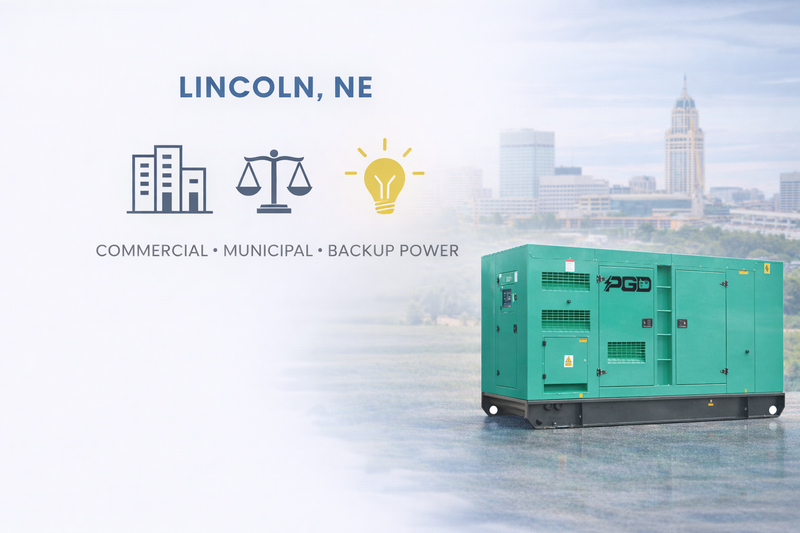 Green generator with Lincoln, NE text and icons on a cityscape background