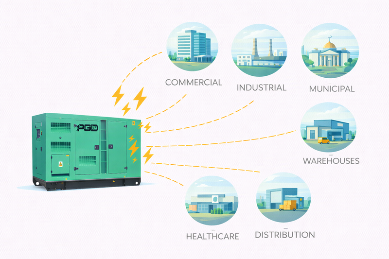 Green generator with icons representing commercial, industrial, municipal, warehouses, healthcare, and distribution sectors on a white background.