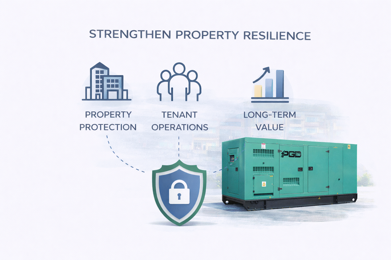Green generator with icons and text on property resilience, protection, operations, and value.