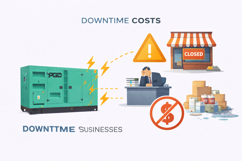 Illustration of a generator, warning sign, closed store, and business person with text on downtime costs and downtime businesses.