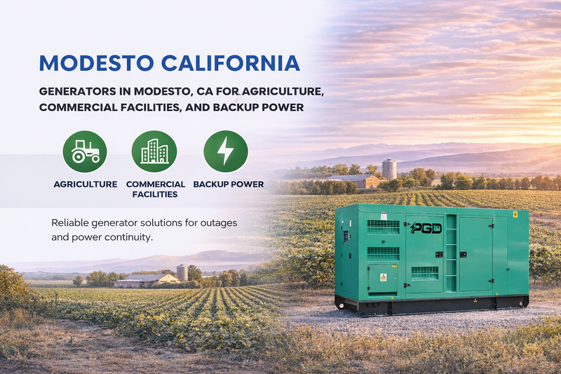 Generator in a field with text about generators in Modesto, CA for agriculture, commercial facilities, and backup power.