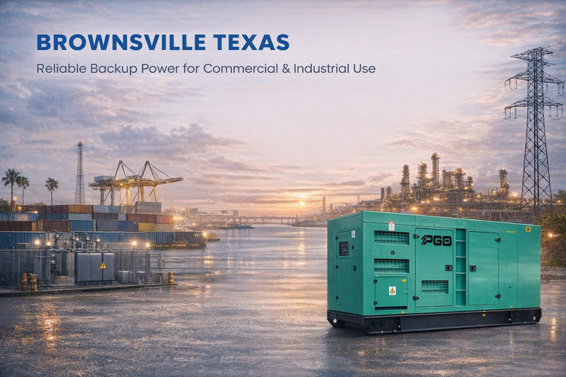Generator set with industrial background and text about reliable backup power for commercial and industrial use in Brownsville, Texas.