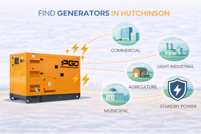 Orange generator with PGO logo and text about finding generators in Hutchinson, with icons for commercial, light industrial, agriculture, municipal, and standby power.