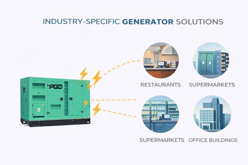 Generator solution for different industries with icons of restaurants, supermarkets, and office buildings.