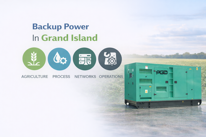 Green generator with 'Backup Power In Grand Island' text and icons on a scenic background
