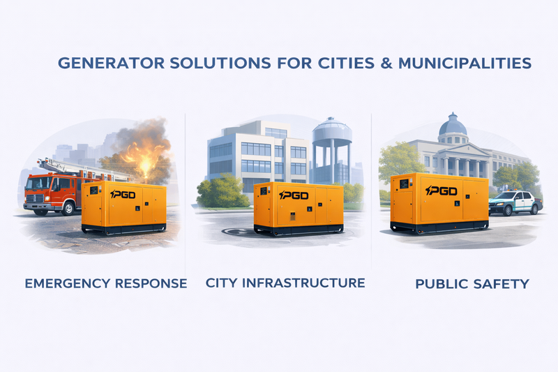 Three yellow generators with PGD branding on a cityscape background, labeled for emergency response, city infrastructure, and public safety.
