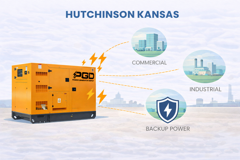 Orange generator with PGD logo and illustrations of commercial, industrial, and backup power applications in Hutchinson, Kansas.