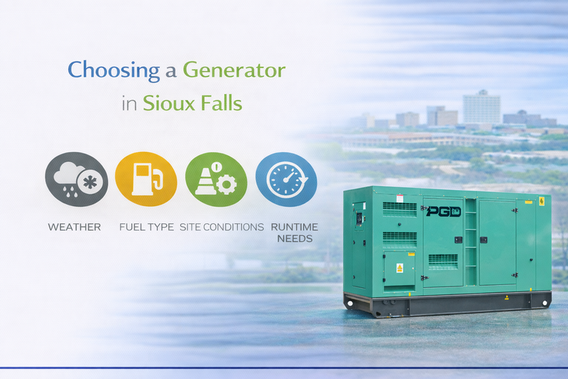 Generator with cityscape in the background and text about choosing a generator in Sioux Falls.