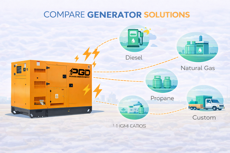 Orange generator with PGD logo and icons for diesel, natural gas, propane, and custom solutions on a light blue background.