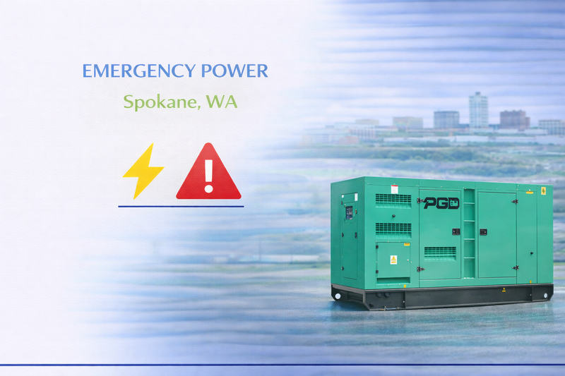 Green generator with 'PGD' branding on a blue background with cityscape and warning symbols.