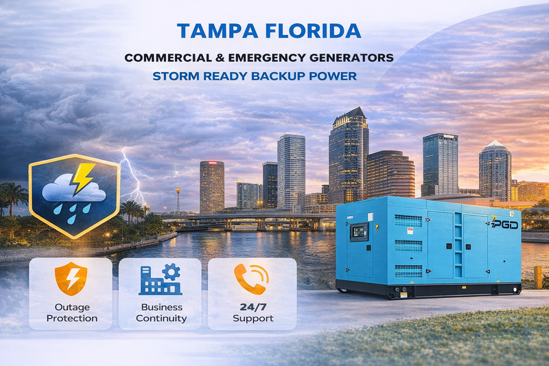 Commercial and emergency generators for storm readiness with a city skyline in the background.