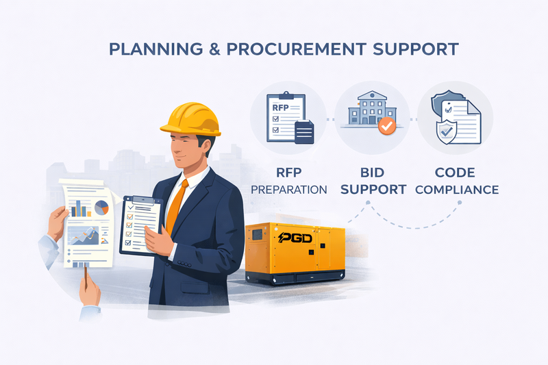 Illustration of a construction worker with planning and procurement support icons and text.