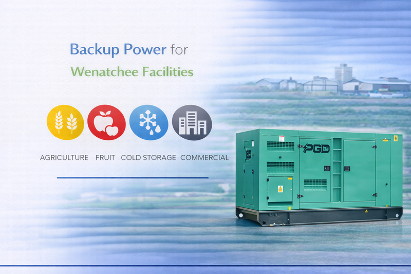 Green generator with 'PGD' branding on a blue gradient background, featuring icons and text about backup power for various facilities.