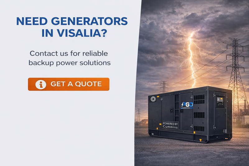 Generator with promotional text for backup power solutions in Visalia.