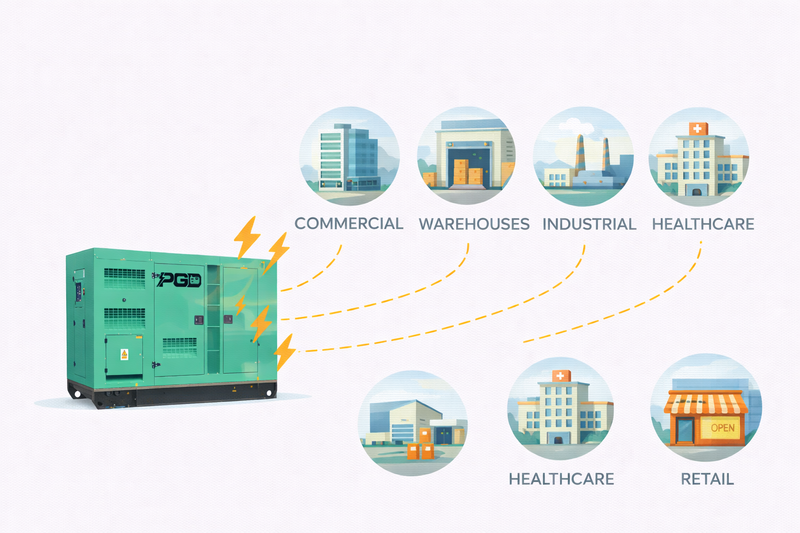 Generator with icons indicating its use in commercial, warehouse, industrial, healthcare, and retail settings.