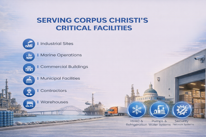 Advertisement for a company serving Corpus Christi's critical facilities with industrial elements and a building.