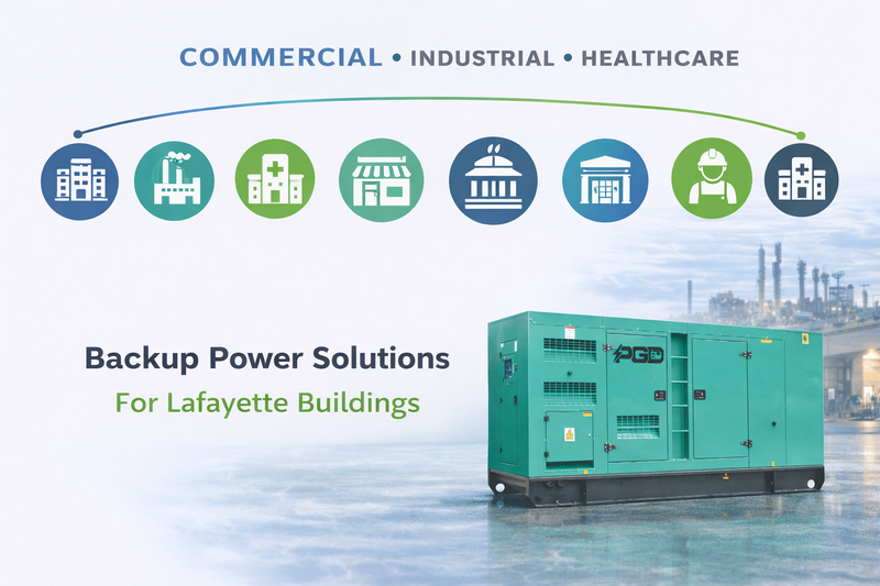 Backup power solution for Lafayette buildings with a generator and icons indicating commercial, industrial, and healthcare sectors.