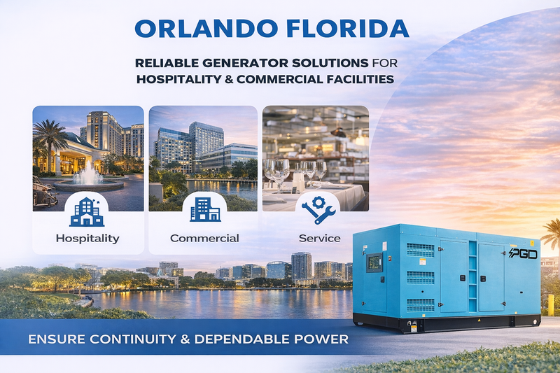 Advertisement for generator solutions in Orlando, Florida, with images of hotels and buildings.
