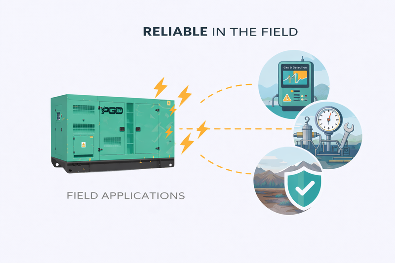 Generator with icons and text indicating reliability and field applications on a white background