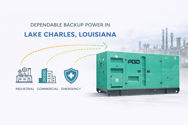 Green generator with text about dependable backup power in Lake Charles, Louisiana.