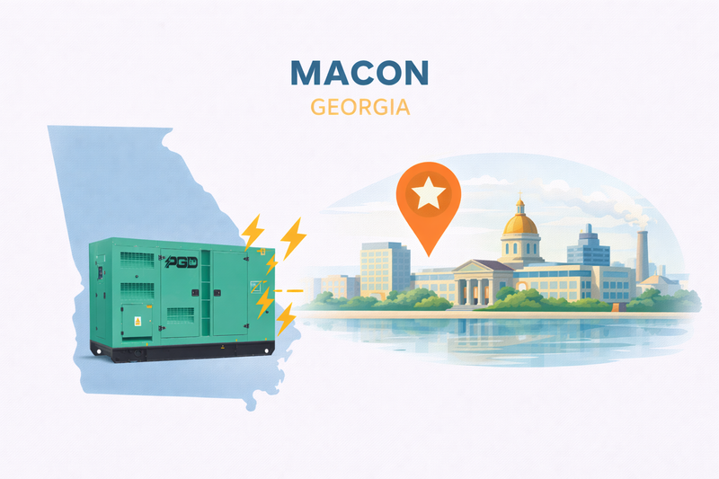 Map of Georgia with a generator and a cityscape, featuring the text 'Macon, Georgia'.